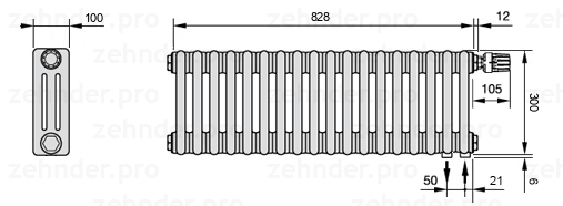 Схема (чертеж) Радиатор Zehnder Charleston 3030/18 №V002 Белый глянцевый RAL 9016